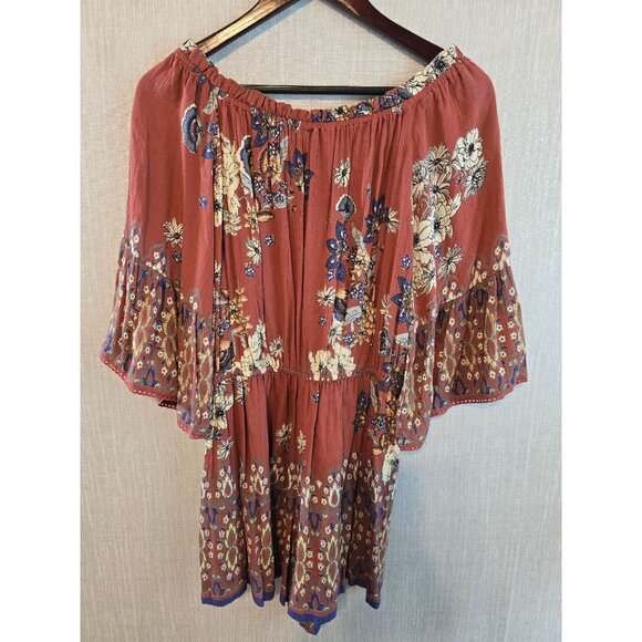 Angie Rust Floral Print Off-Shoulder Romper With Bell Sleeves & Waist Tie Size M - Picture 2 of 15